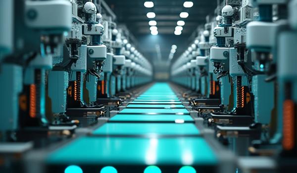 Fabrikhalle mit modernen Robotern bei der Arbeit, symbolisiert Workflow-Automatisierung