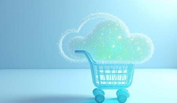 Moderne E-Commerce-Oberfläche mit Cloud-Symbolen und datengetriebenen Grafiken