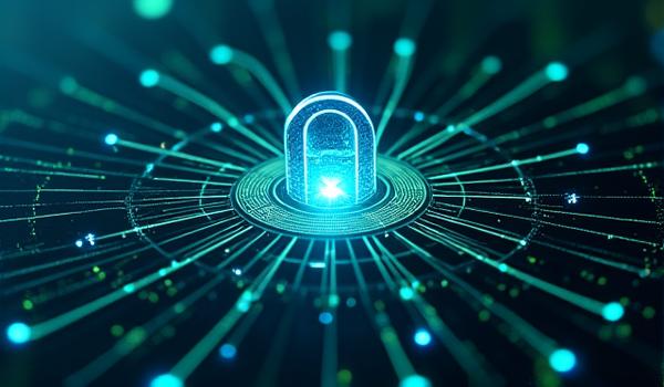 Abstraktes Bild einer Finanzdaten-Visualisierung mit Cybersecurity-Overlay