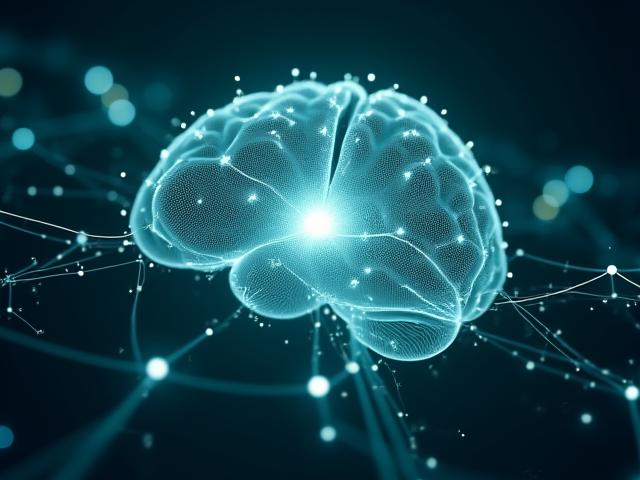 Futuristischer digitaler Geist oder neuronales Netzwerk, das komplexe Datenflüsse visualisiert.