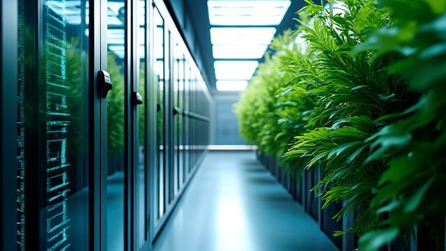 Grüne IT-Rechenzentrum mit Pflanzenelementen, die Energieeffizienz und Nachhaltigkeit symbolisieren
