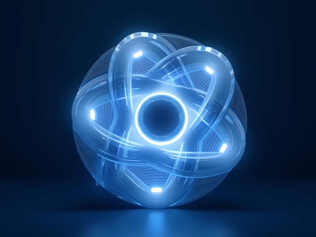 Abstrakte Visualisierung eines Qubits, schwebend in einem dunklen, futuristischen Raum.